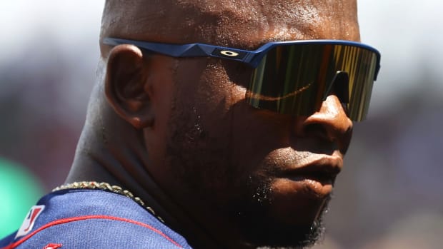 Mar 17, 2022; Fort Myers, Florida, USA; Minnesota Twins first baseman Miguel Sano (22) looks on against the Boston Red Sox at JetBlue Park at Fenway South.